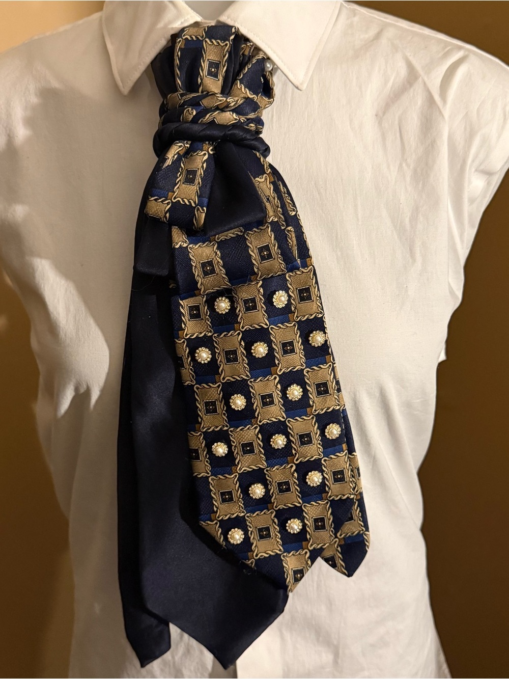 Silk Navy and Gold Patterned Ascot Tie
